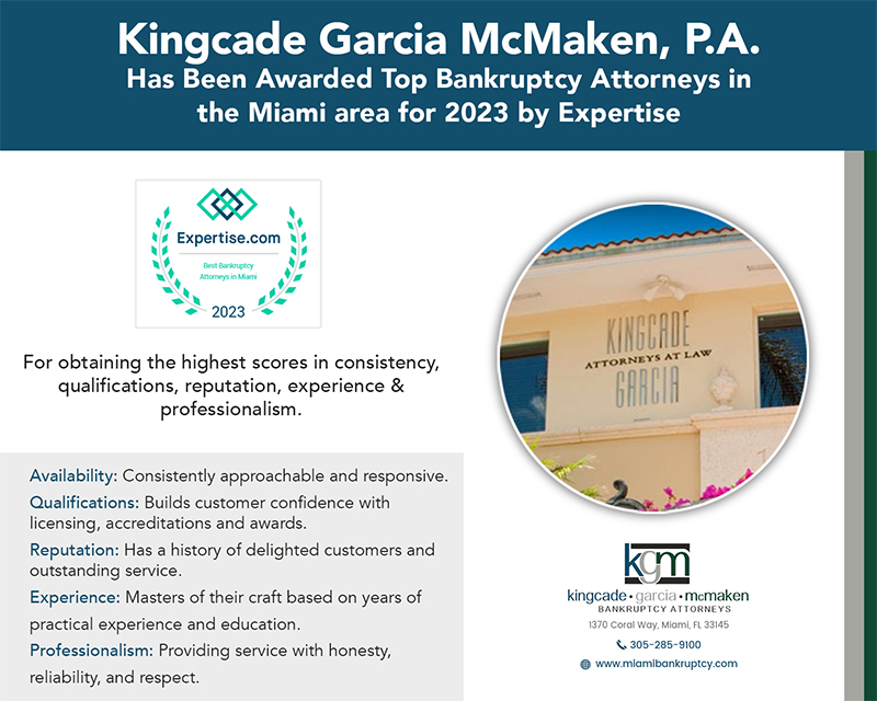 Kingcade Garcia McMaken, P.A. Has Been Awarded Top Bankruptcy Attorneys in the Miami area for 2023 by Expertise