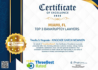 CERTIFICATE OF EXCILLENCE 2026 | MIAMI, FL | TOP 3 BANKRUPTY LAWYERS |ThreeBest Rated EXCELLENCE | Timothy S. Kingcade - KINGCADE GARCIA MCMAKEN | On behalf of ThreeBestRated®, this Certificate of Excellence is proudly presented after duly checking extensive customer reviews, ratings, history, complaints, satisfaction, trust, cost and general excellence. Your consistent commitment to these values and high quality in your area of business is hereby acknowledged and certified.